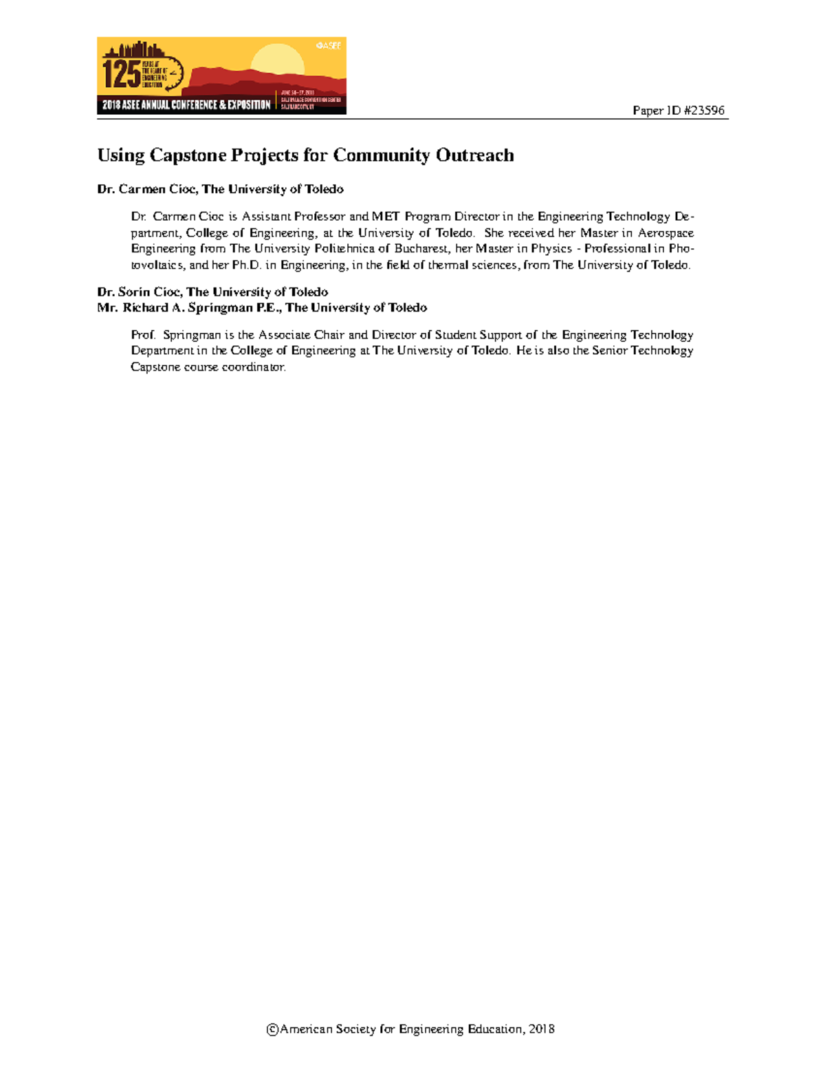 Using capstone projects for community outreach - Paper ID # Using ...