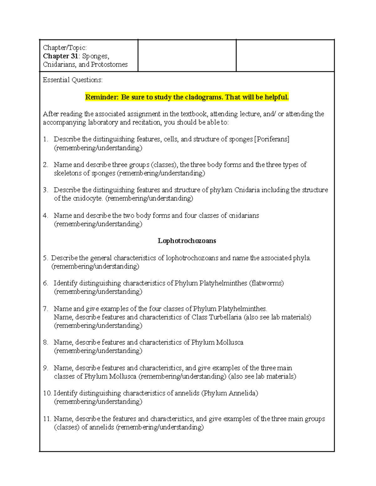 Chapter 31 Lecture notes on sponges and cnidarians Chapter/Topic