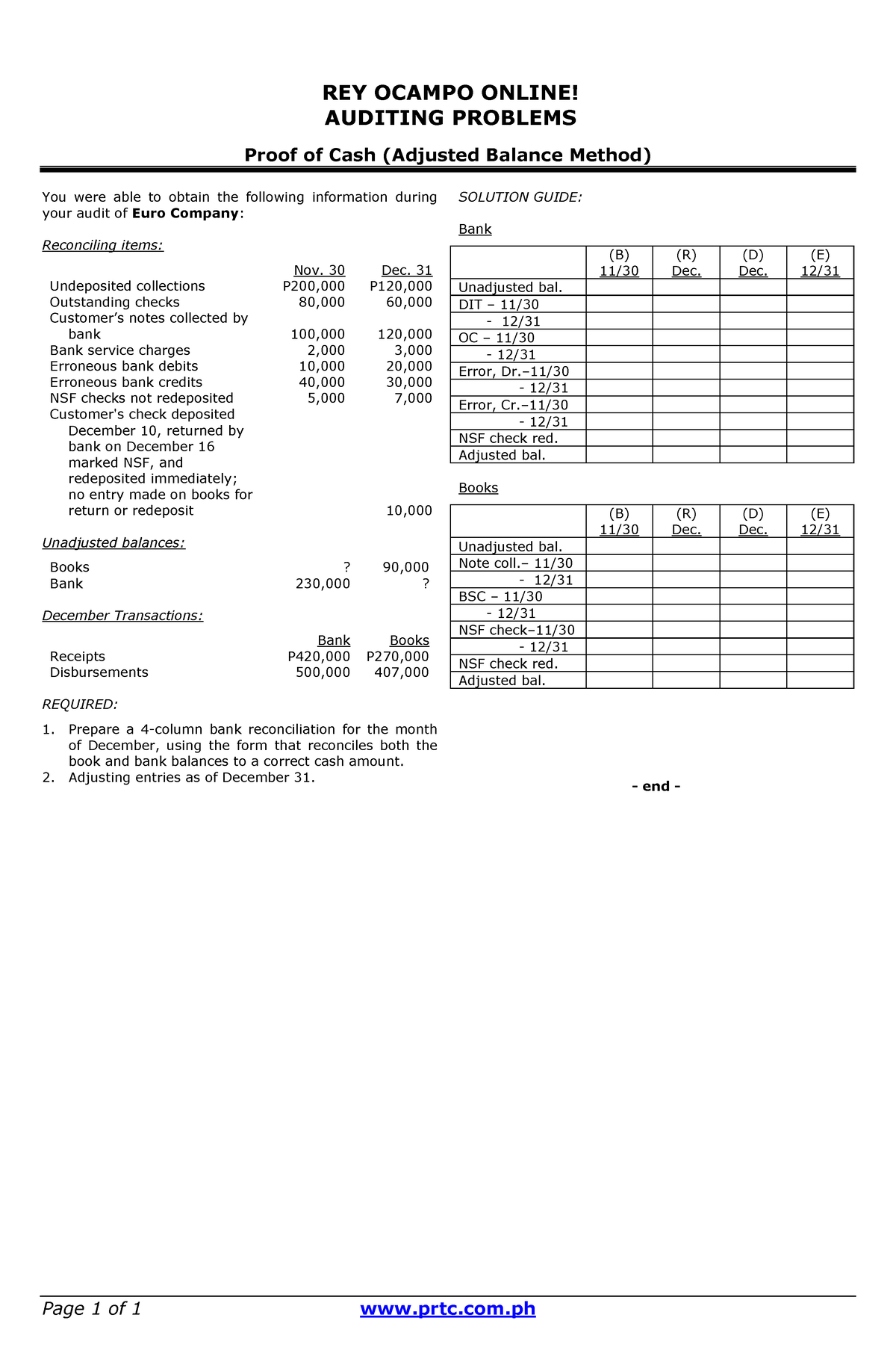 Proof of cash (adjusted balance method) - Page 1 of 1 prtc.com REY ...