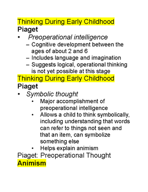 Early childhood Cognitive development Thinking During Early Childhood Piaget Preoperational Studocu