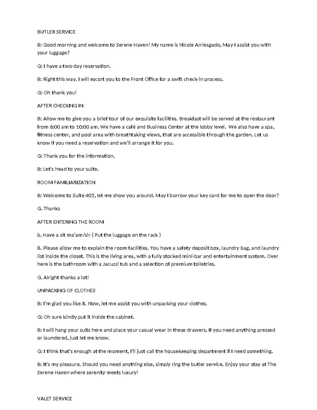 Butler and Valet Dialogue - BUTLER SERVICE B: Good morning and welcome ...
