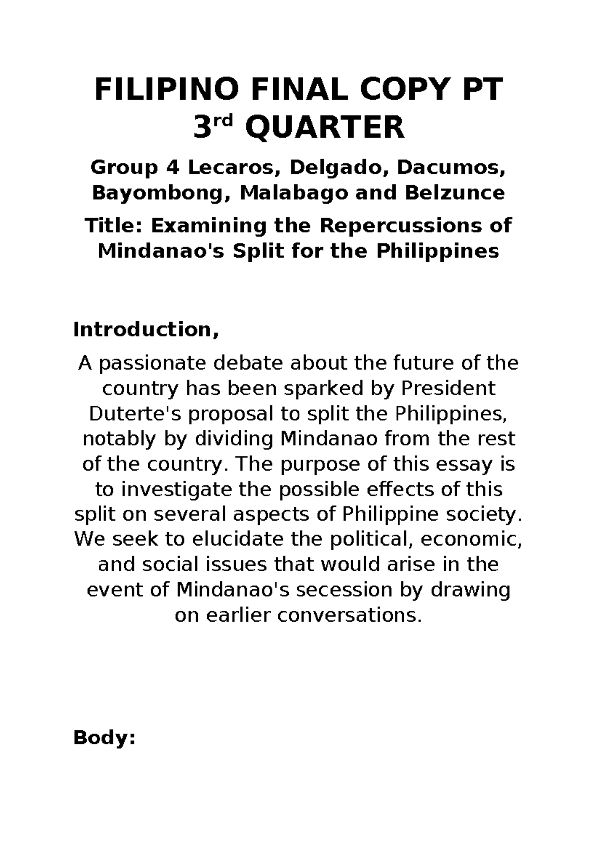 Filipino Final COPY PT 3rd Quarter Group 4 - FILIPINO FINAL COPY PT 3 ...