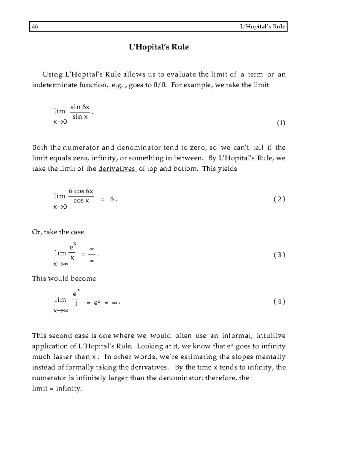 L'Hopital's - Study Notes - 46 L’Hopital’s Rule L'Hopital’s Rule Using ...