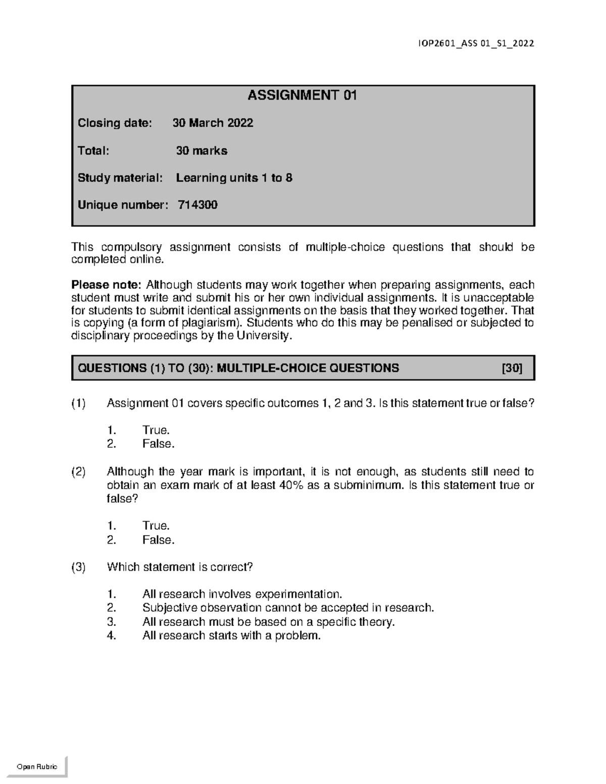 IOP2601 ASS 01 S1 2022 - ASSIGNMENT 01 Closing date: 30 March 2022 ...