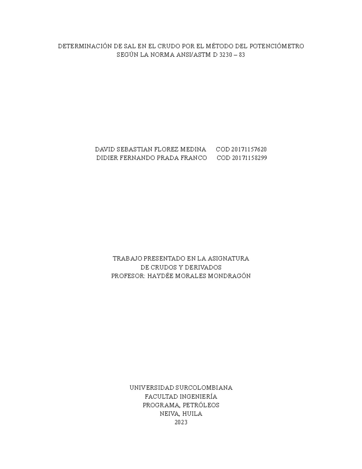 1. Informe Salinidad - DETERMINACIÓN DE SAL EN EL CRUDO POR EL MÉTODO ...