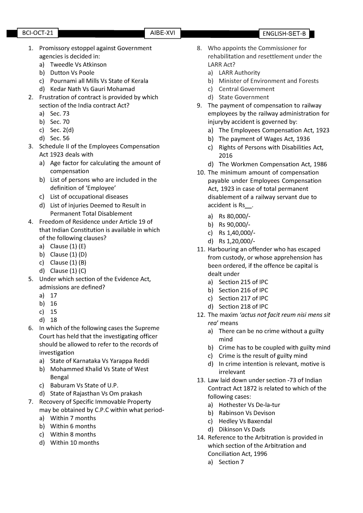 Set B Aibe 2021 Question Paper And Answer Key - Bachelors Of Law - Studocu