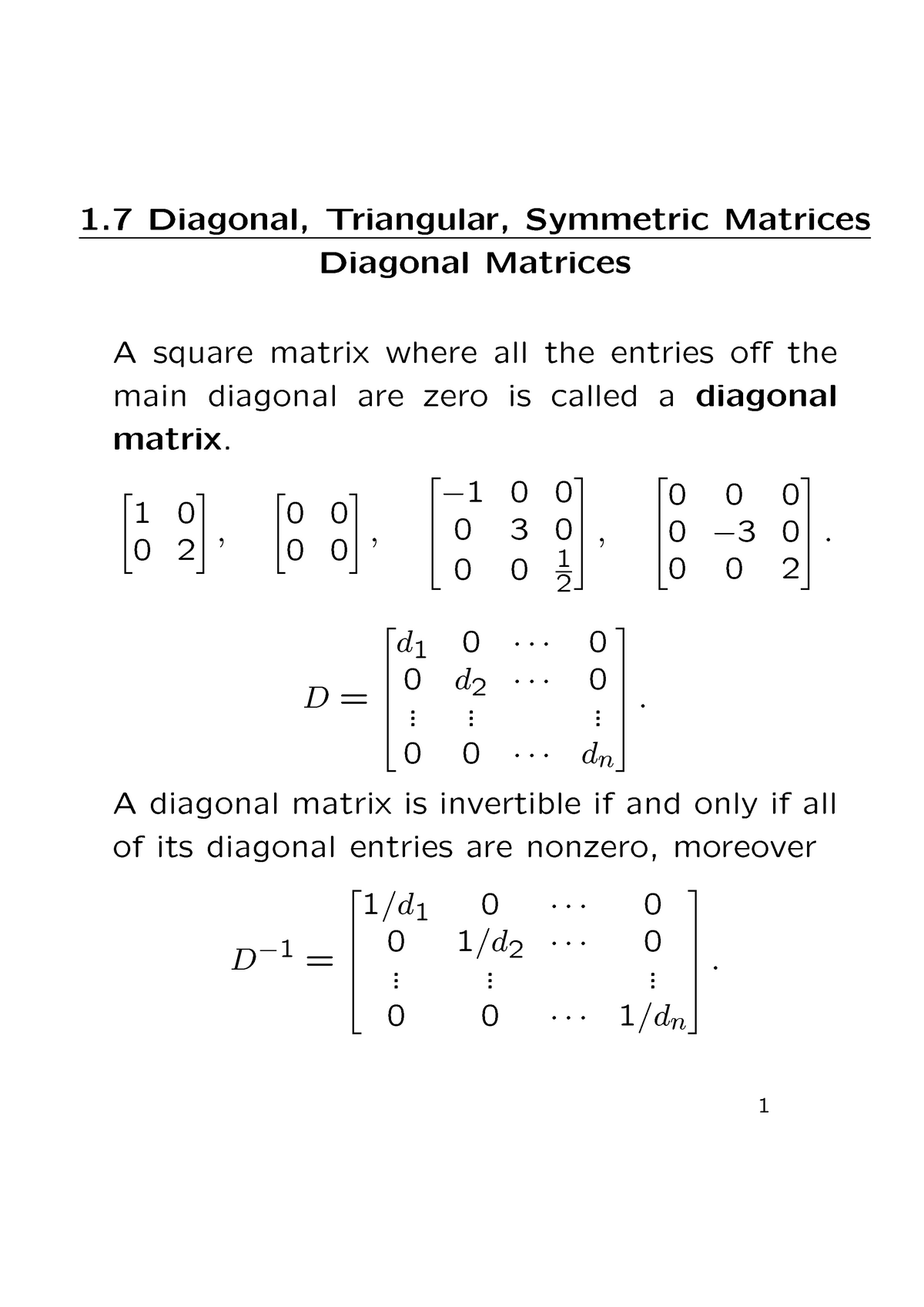 Section 1 - Lecture notes 8 - 1 Diagonal, Triangular, Symmetric ...