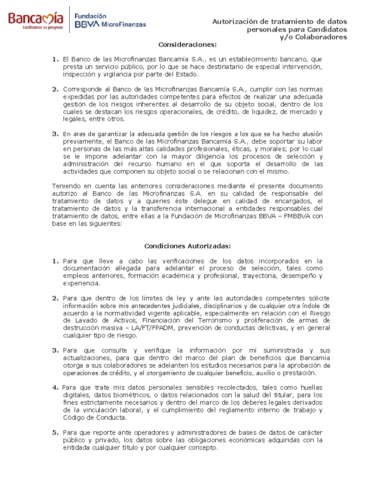 Autorizacion DE Tratamiento DE Datos Autorización de tratamiento de