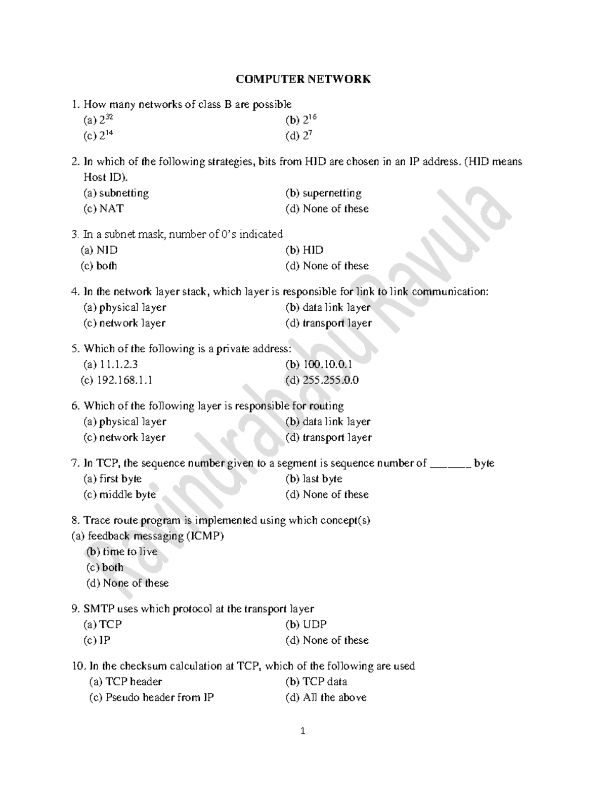 CN Practice Questions Set 5 - COMPUTER NETWORK How Many Networks Of ...