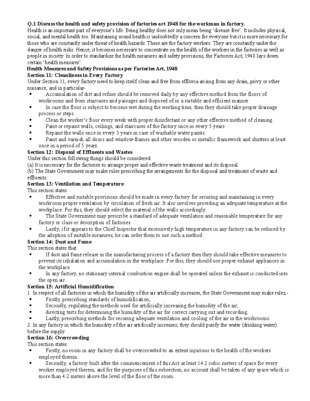 Labour Law Q&A class notes for Exam Point Q Discuss the health and