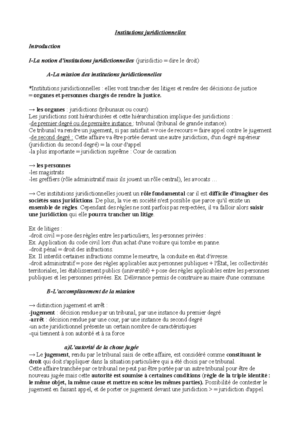Qcm Institutions Juridictionnelles L1 Droit CM institutions juridictionnelles - Institutions juridictionnelles  Introduction I-La notion - Studocu