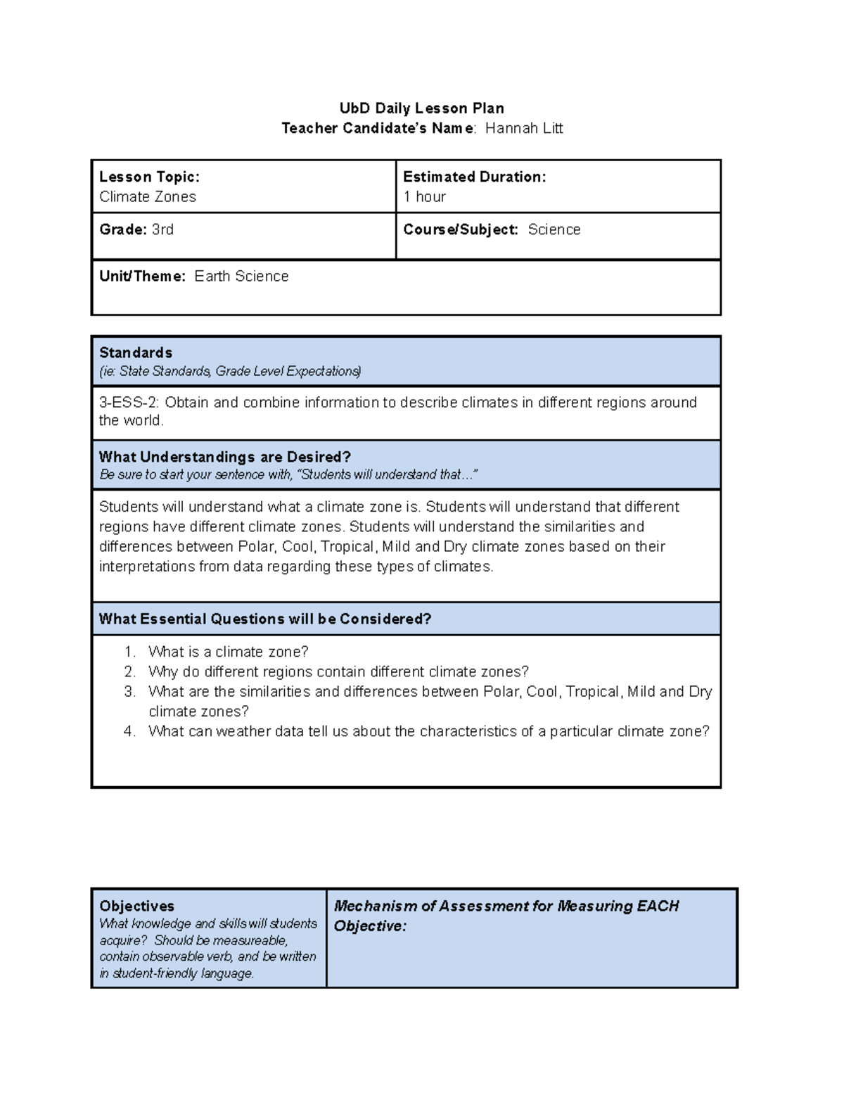 Hands On Science Activity Lesson Plan - UbD Daily Lesson Plan Teacher ...