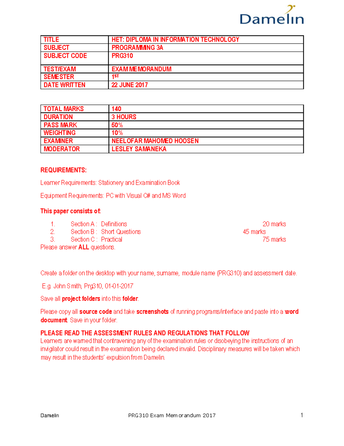 Programming 3A Exam Memo - TITLE HET: DIPLOMA IN INFORMATION TECHNOLOGY ...