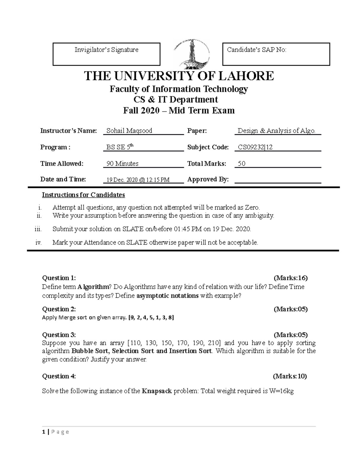 DAA Mid Exam Question Paper - THE UNIVERSITY OF LAHORE Faculty Of ...