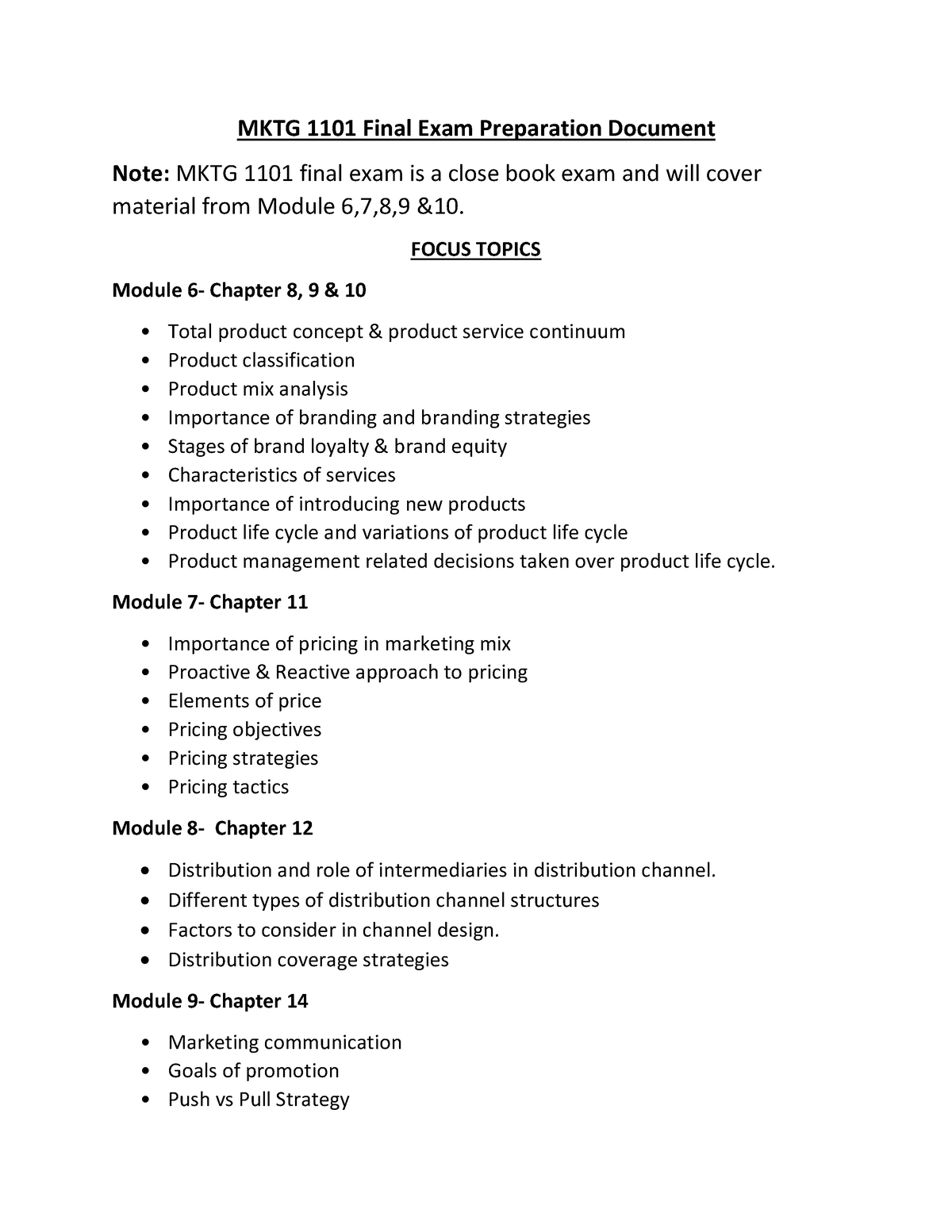 MKTG1101 Final Exam Prep document - MKTG 1101 Final Exam Preparation