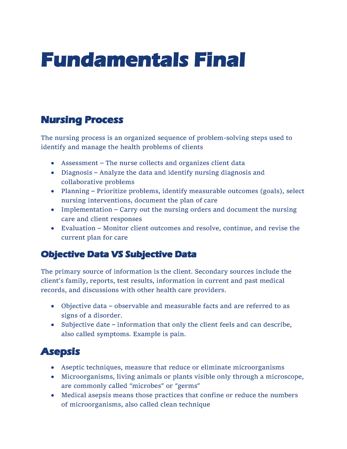 Fundamentals Final - Fundamentals Final Nursing Process The Nursing ...