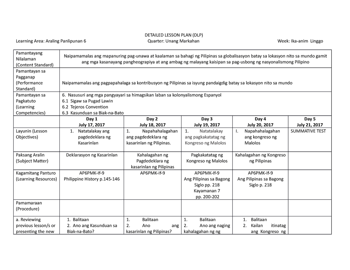 Q1 Week 6 Dlp Detailed Lesson Plan Dlp Learning Area Araling Panlipunan 6 Quarter 9154