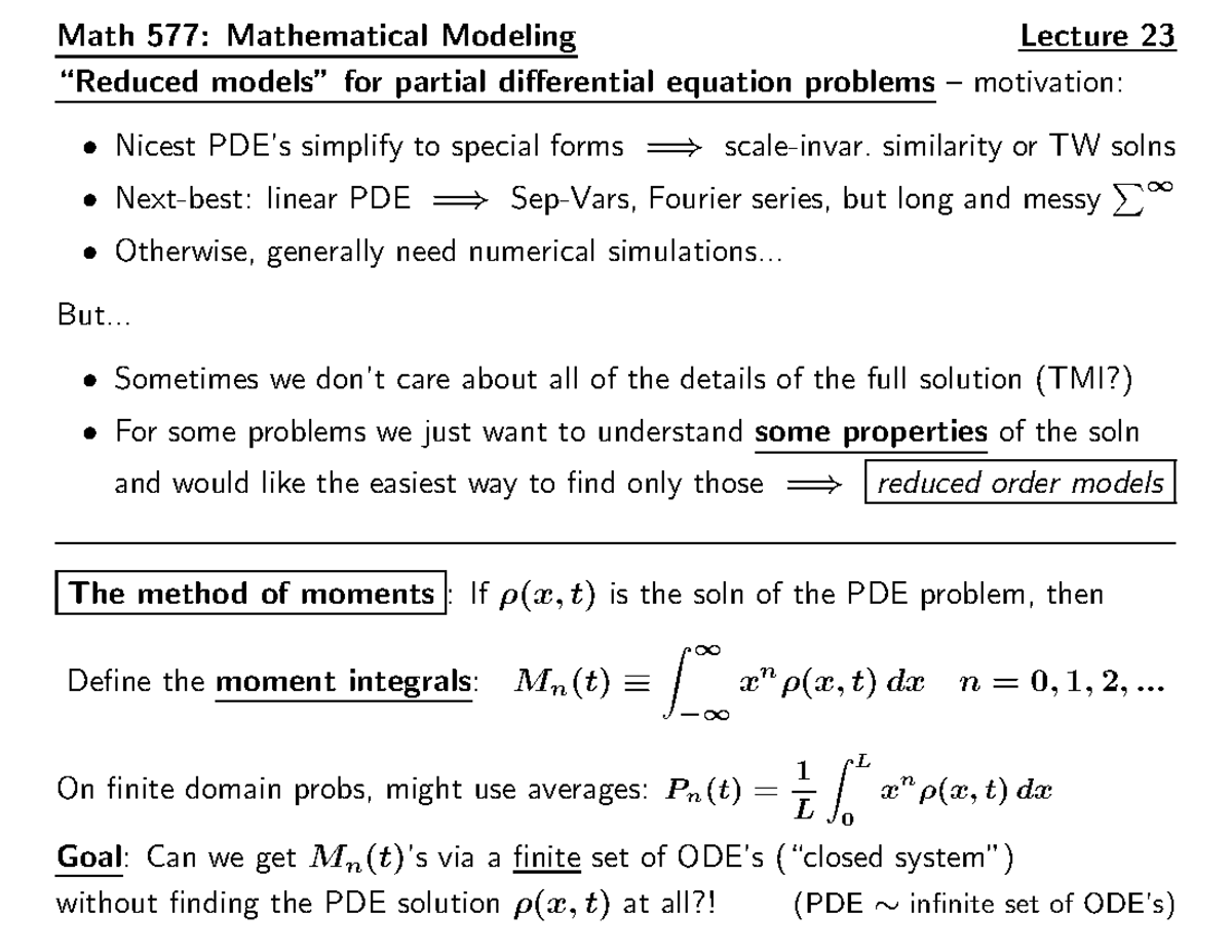 L23 Lecture Math 577 Mathematical Modeling Lecture 23 Reduced Models For Studocu
