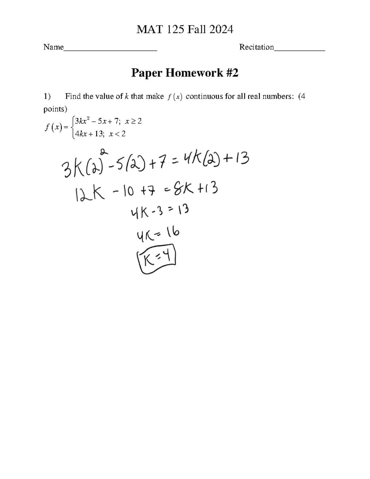 Paper Homework #2 for MAT 125 Fall 2024 - MAT 125 - MAT 125 Fall 2024 ...