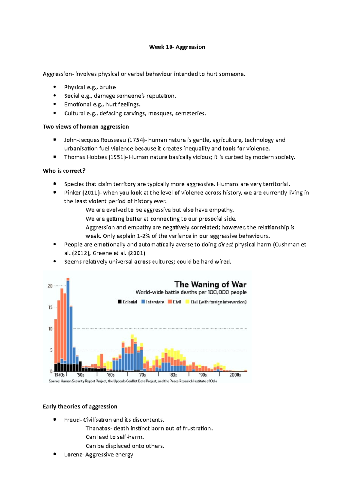 Week 10- Aggression - LECTURE NOTES - Week 10- Aggression Aggression ...