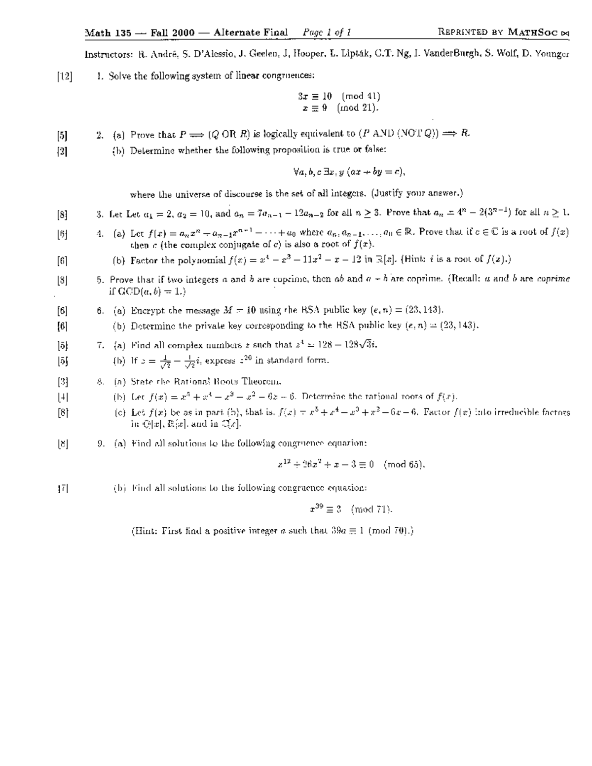 Final Exam 11 November 2010, questions and answers - Math 135 - Studocu