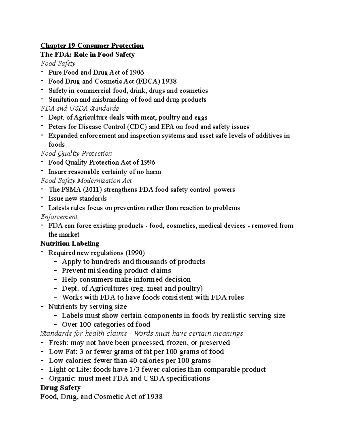 FINA 2244 Chapter 19 Notes Chapter 19 Consumer Protection The FDA