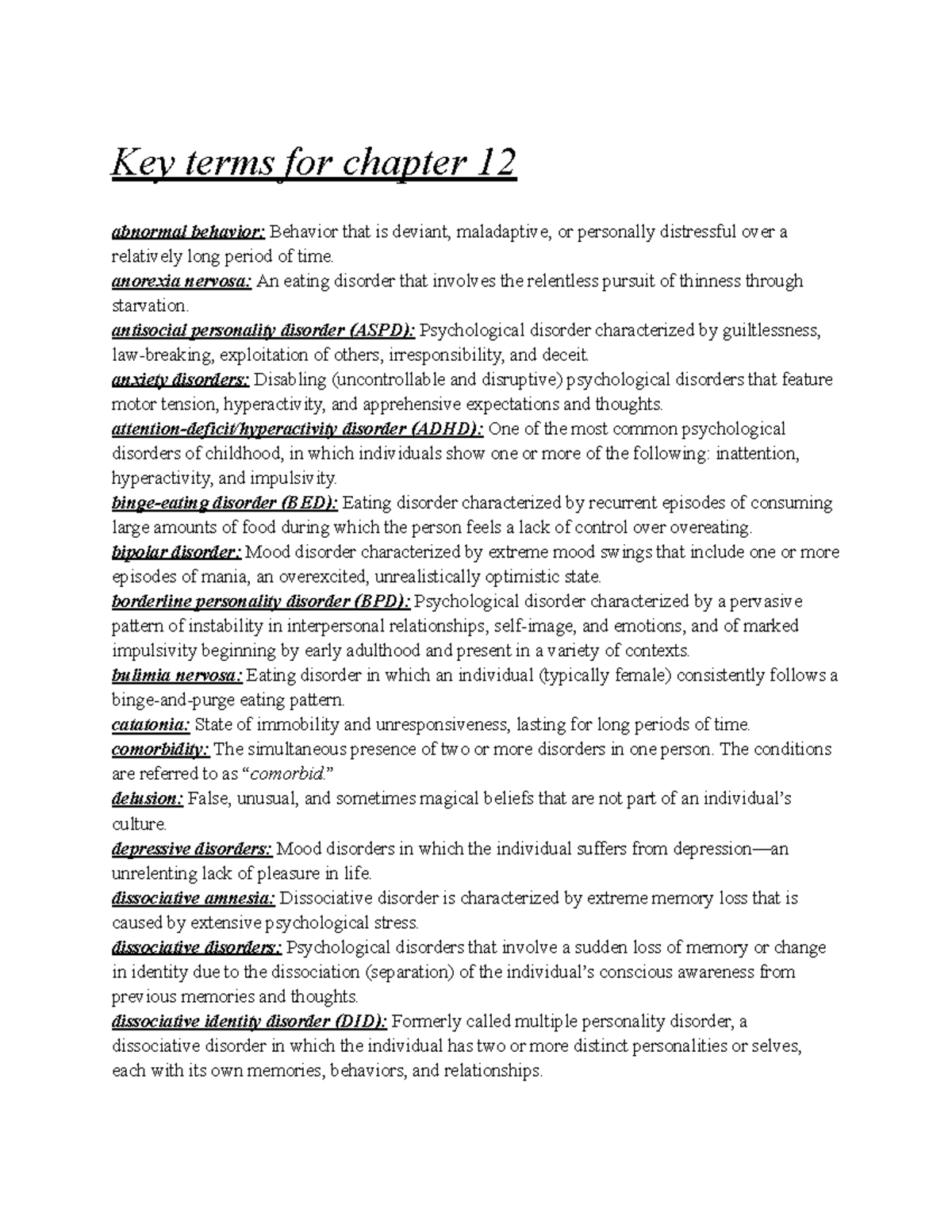 Key Terms-Chapter 12 - Key Terms For Chapter 12 Abnormal Behavior ...