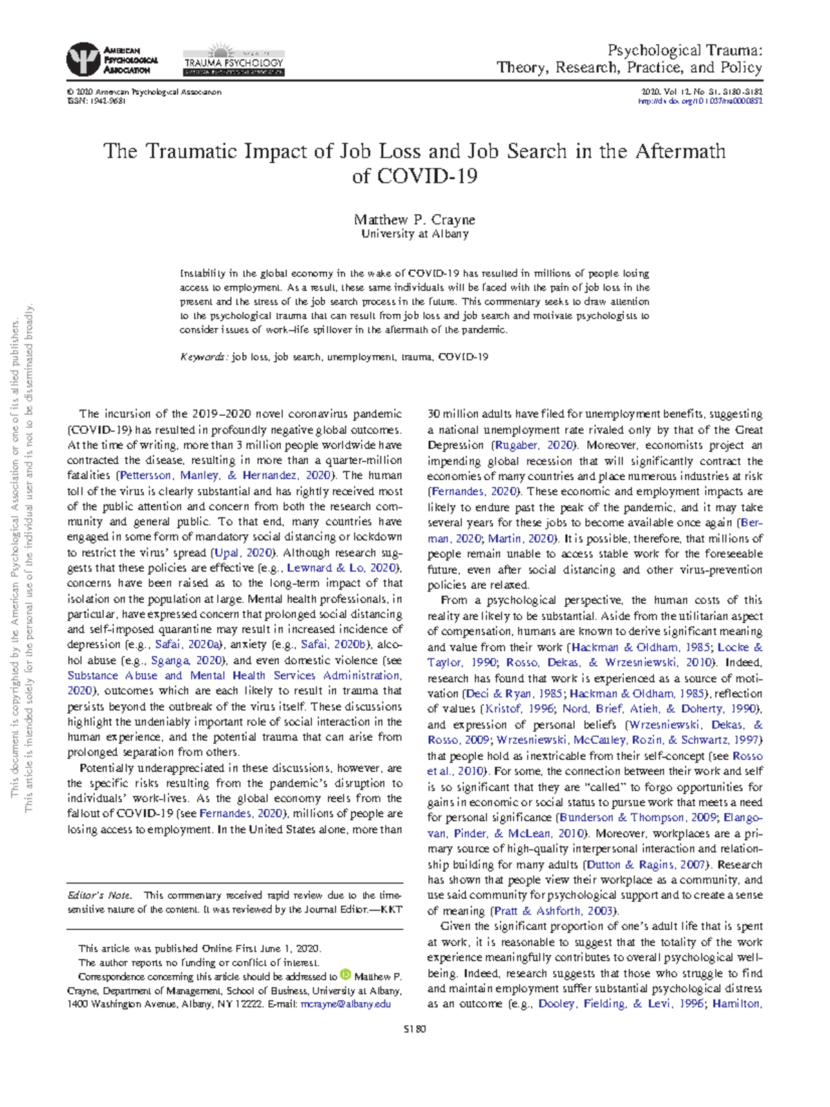 Traumatic Impact of Job Loss and Job Search in Aftermath of Covid-19 ...