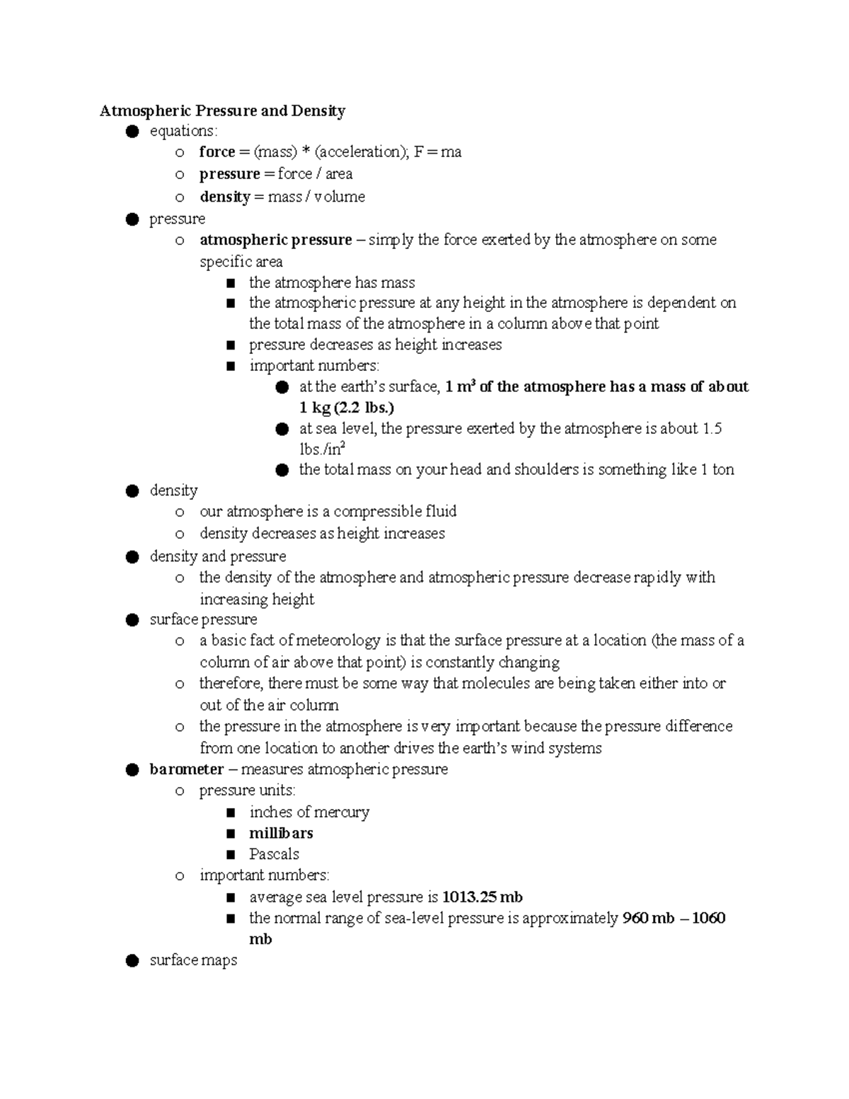 Meteorology - Extra Notes For Exam 1 - Atmospheric Pressure And Density ...