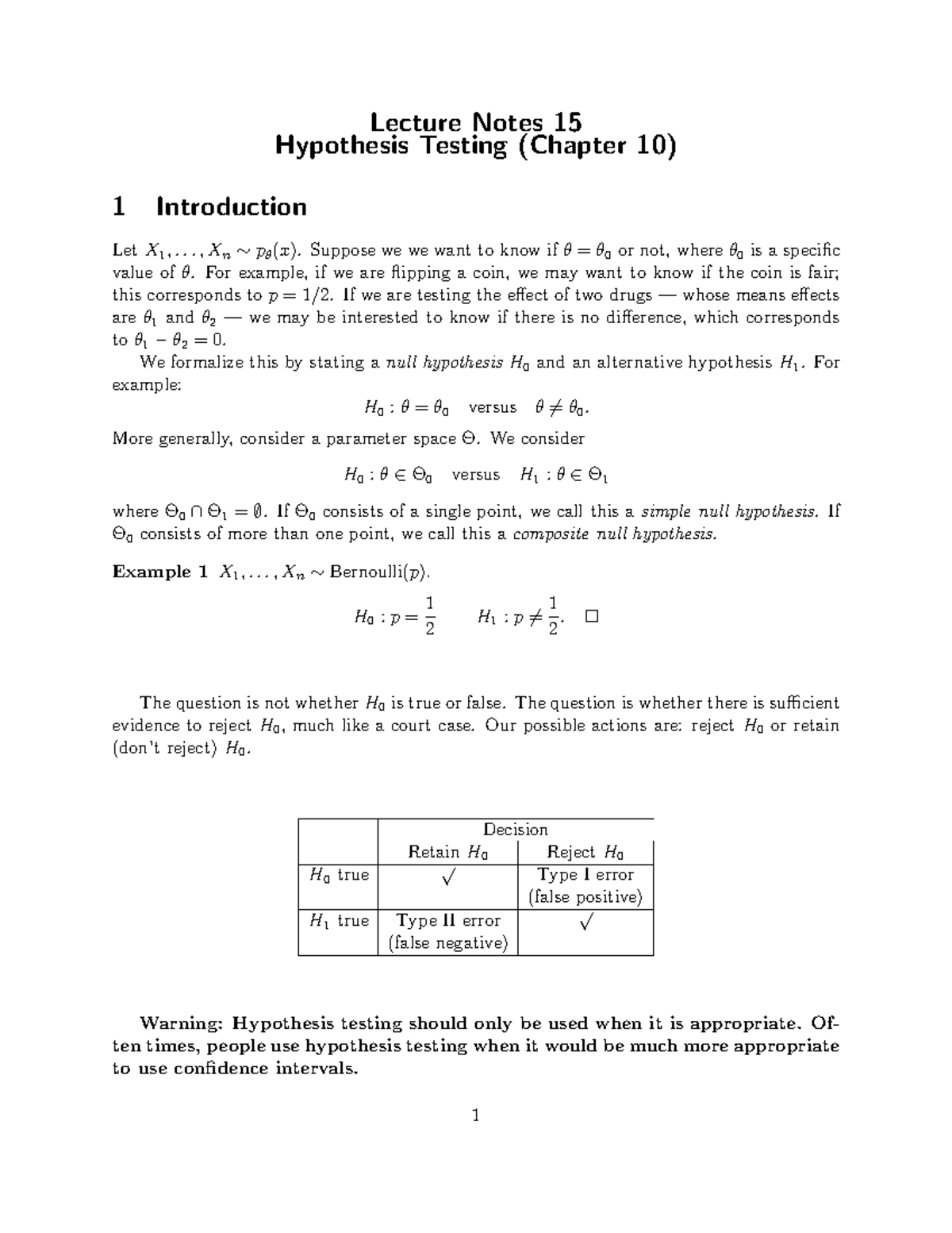 Hypothesis Testing reference - Lecture Notes 15 Hypothesis Testing ...