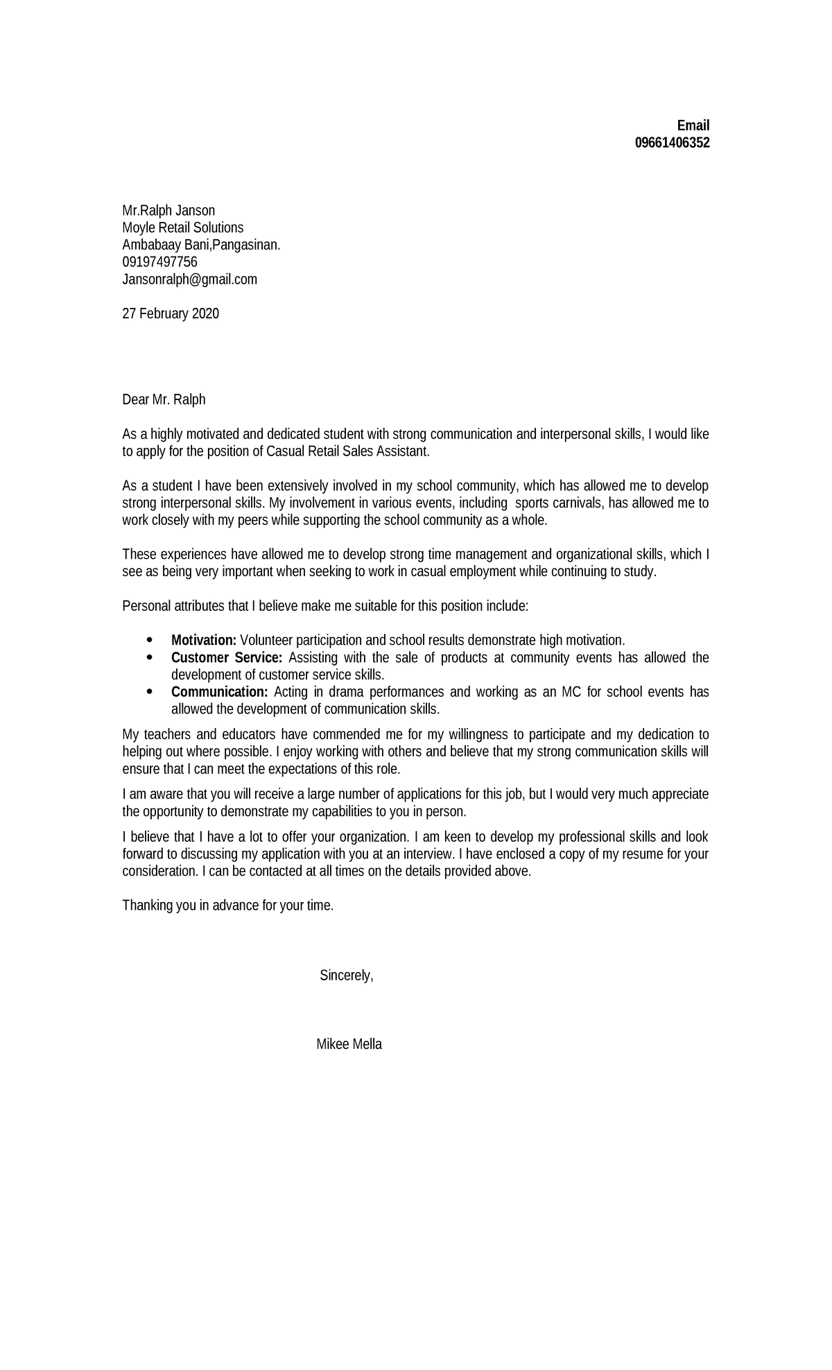 Sample Cover Letter - Email 09661406352 Mr Janson Moyle Retail ...