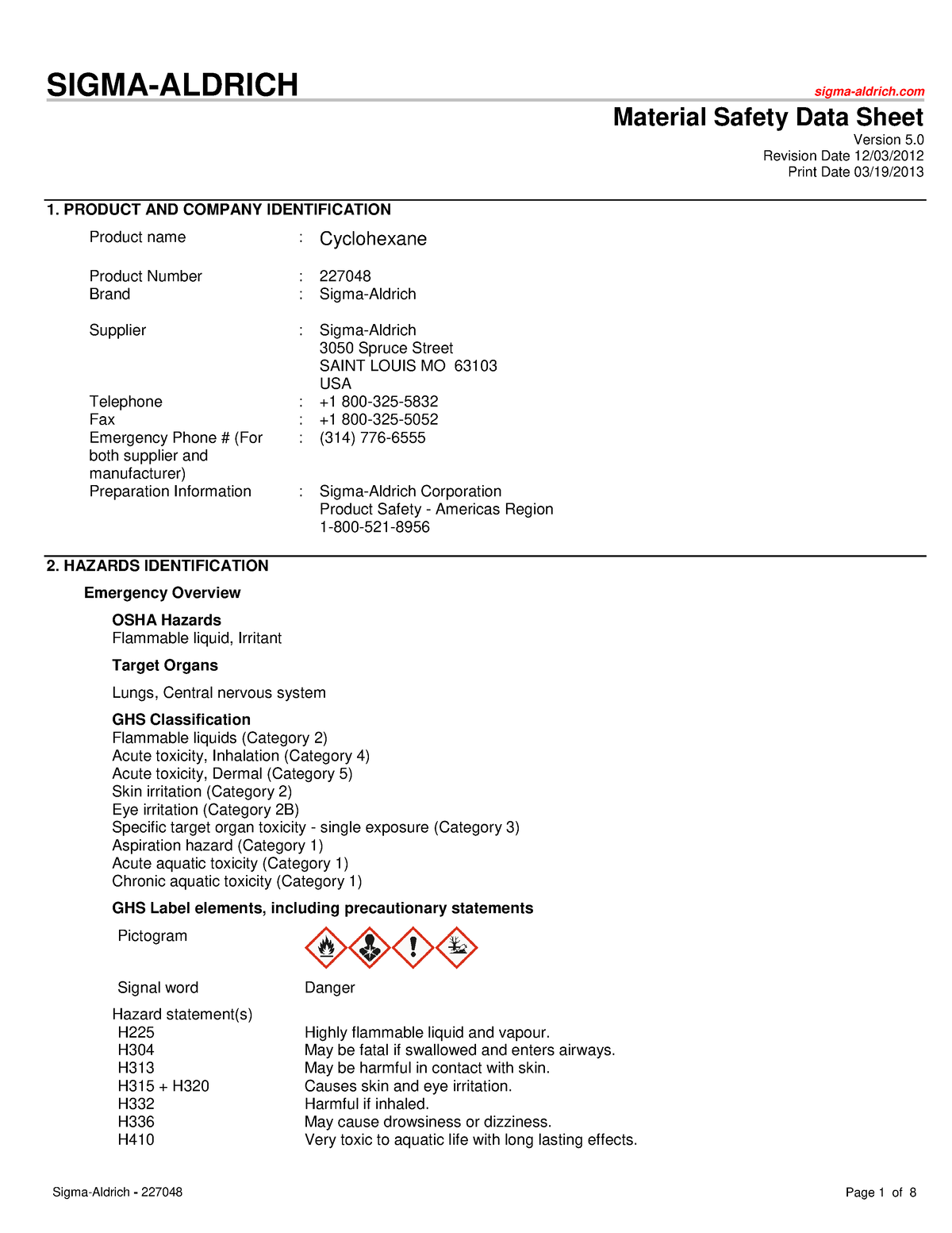 Cyclohexane Sigma Aldrich Sigma Aldrich Material Safety Data Sheet Version Revision Date