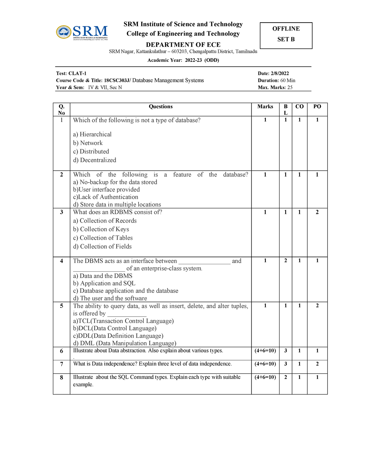 DBMS CLA T 1-T2-T3 QP - notes - SRM Institute of Science and Technology ...