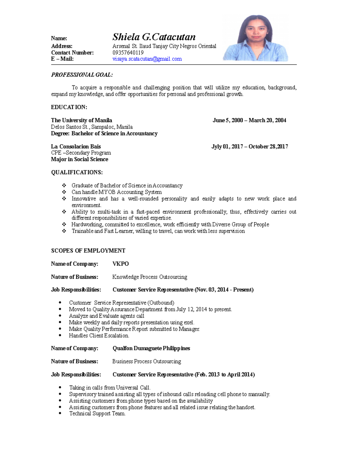 Final Resume Shi - notes - Name: Shiela G Address: Arsenal St. Ilaud ...