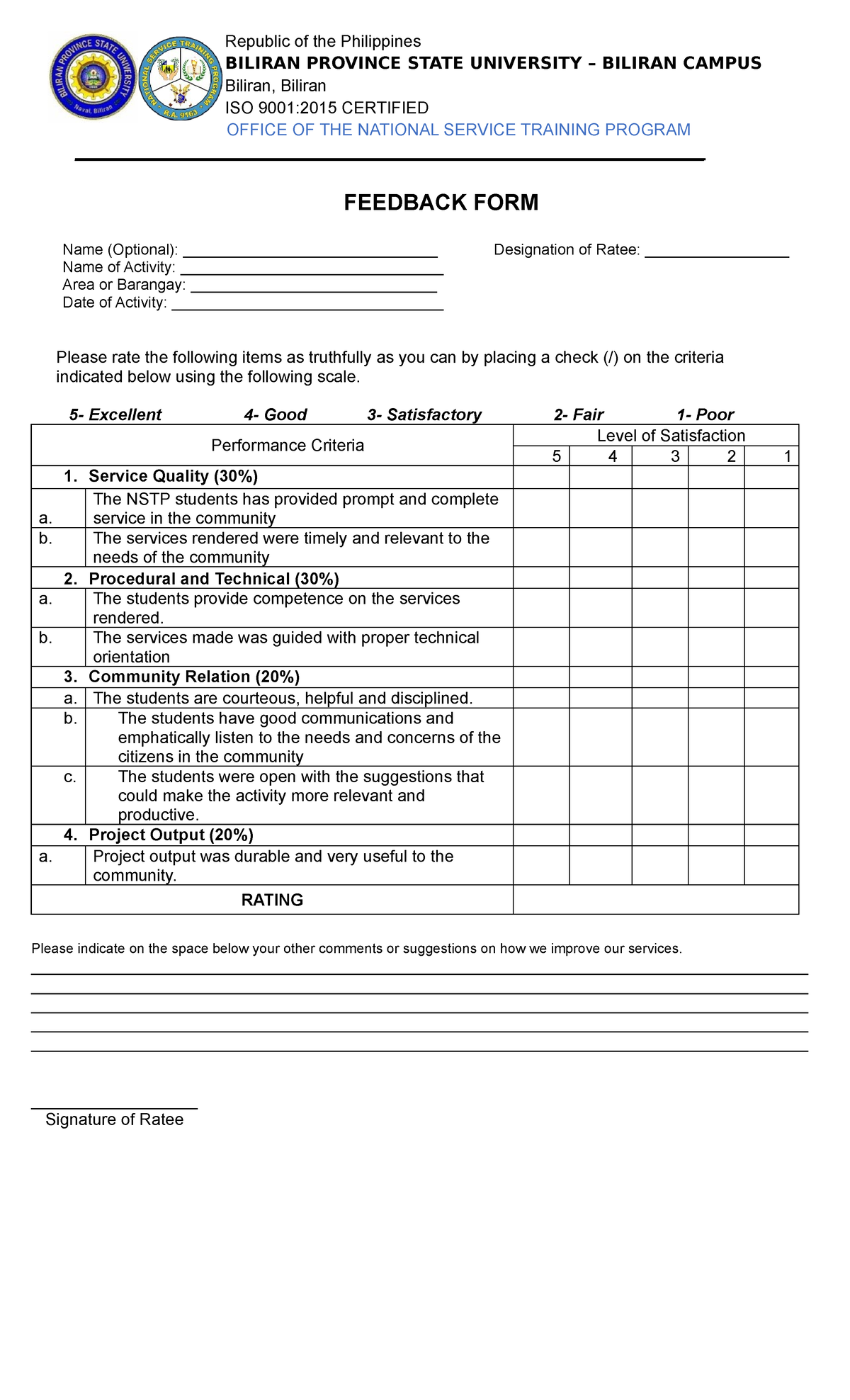 Immersion-feedback-form - Republic of the Philippines BILIRAN PROVINCE ...