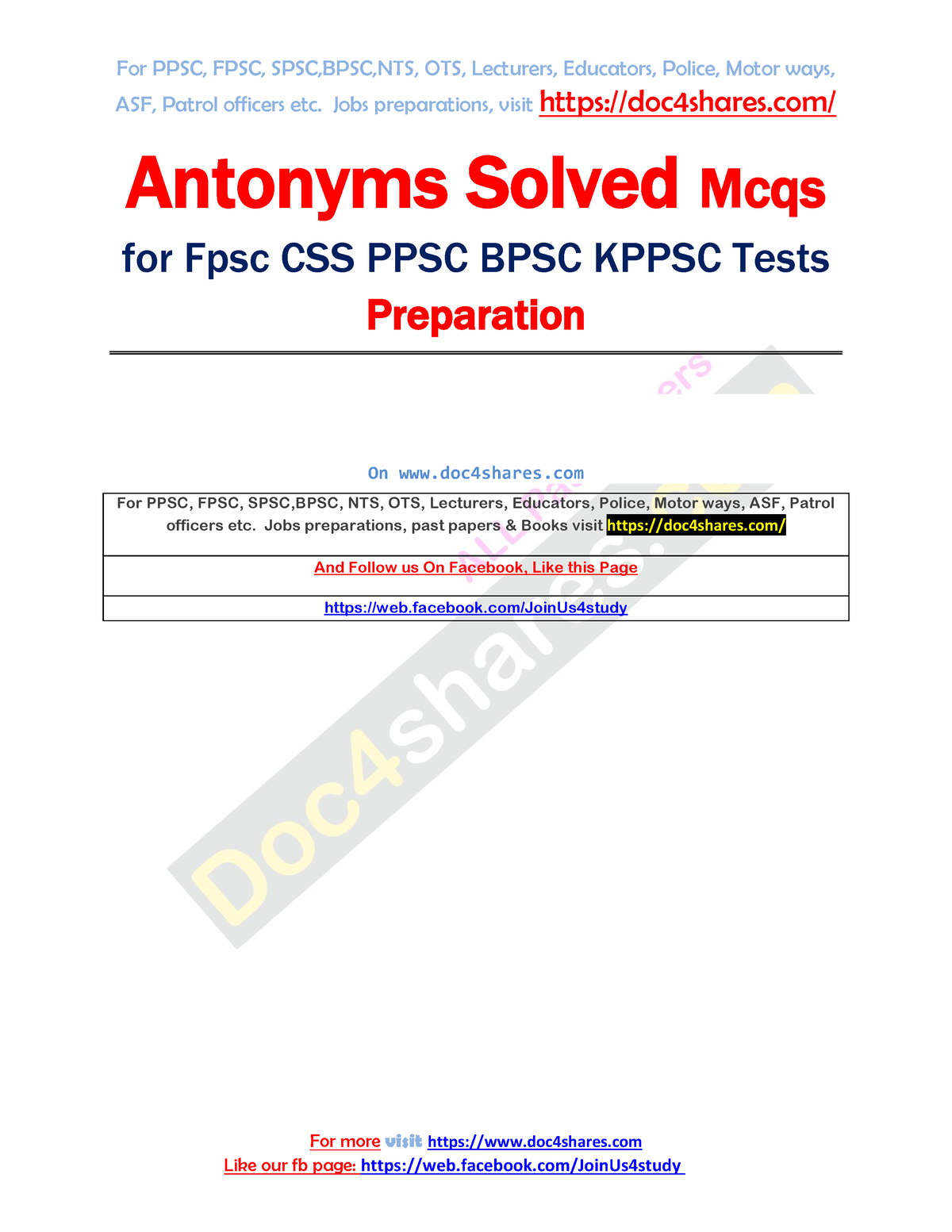 Antonyms Solved Mcqs For Fpsc CSS PPSC BPSC Kppsc Tests Preparation ...