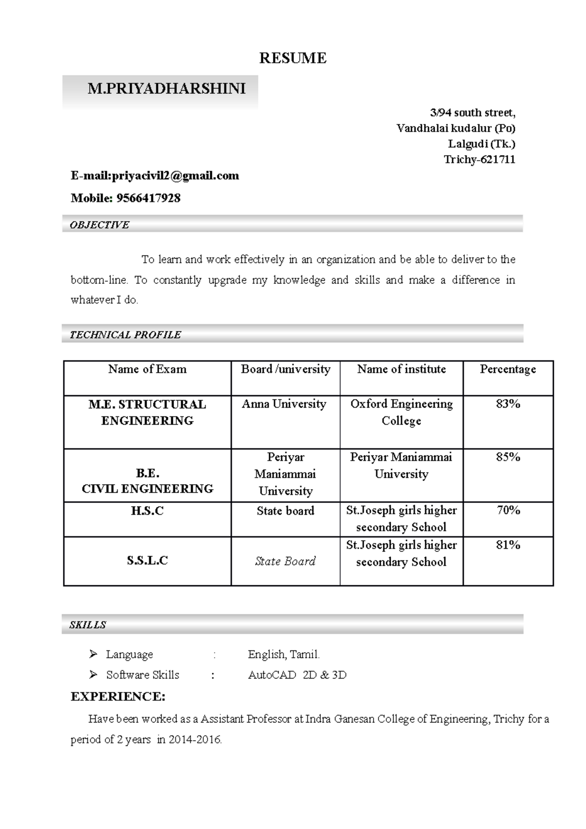 Priya Resume (3) - RESUME 3/94 south street, Vandhalai kudalur (Po ...