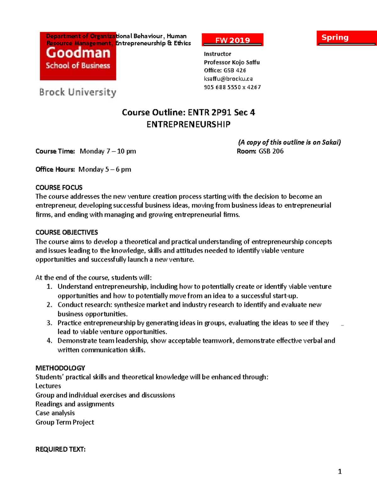 ENTR 2P91 Course Outline FW 2019 S4 - ENTR 2P91 - Brocku - Studocu