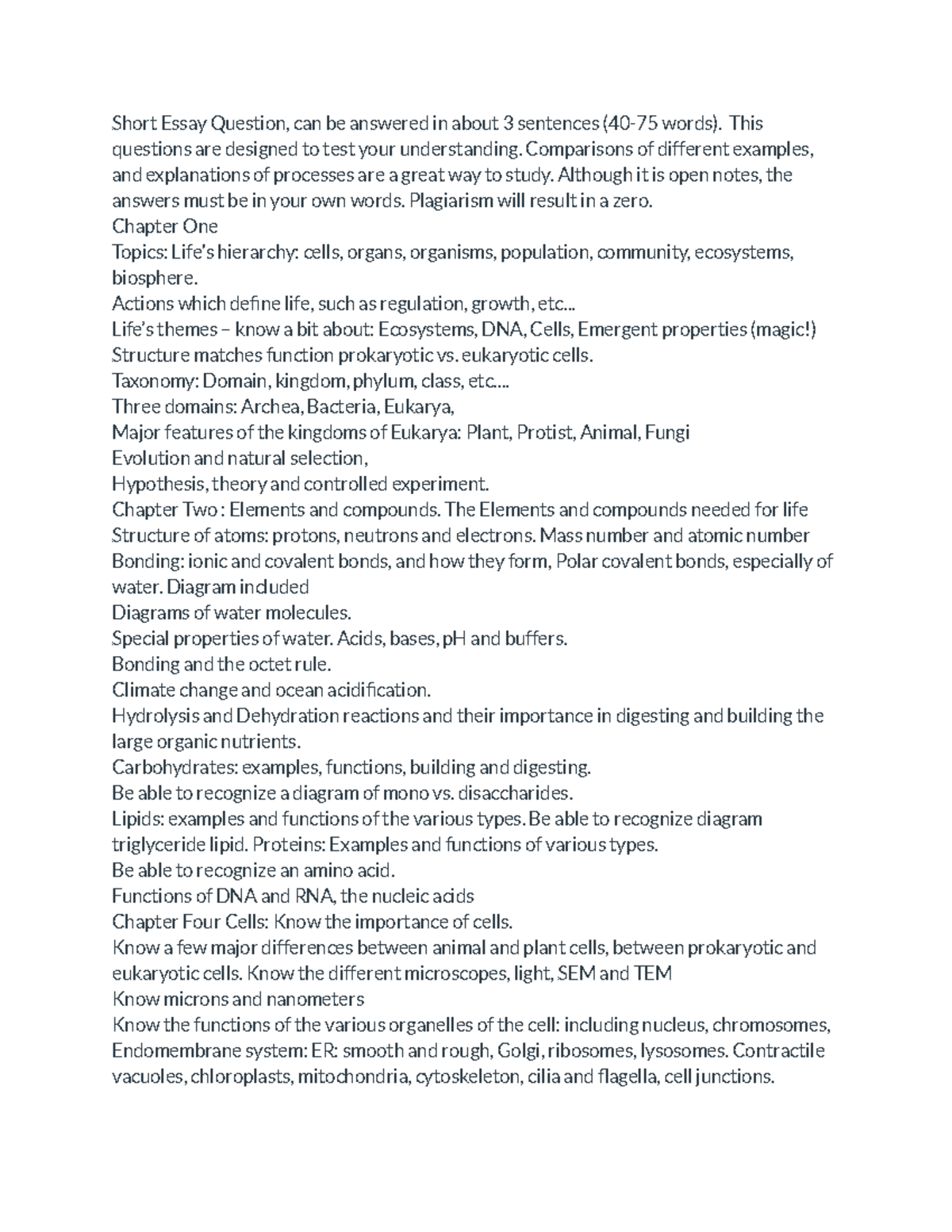 Test 1 bio - test for chapter 1 - Short Essay Question, can be answered ...