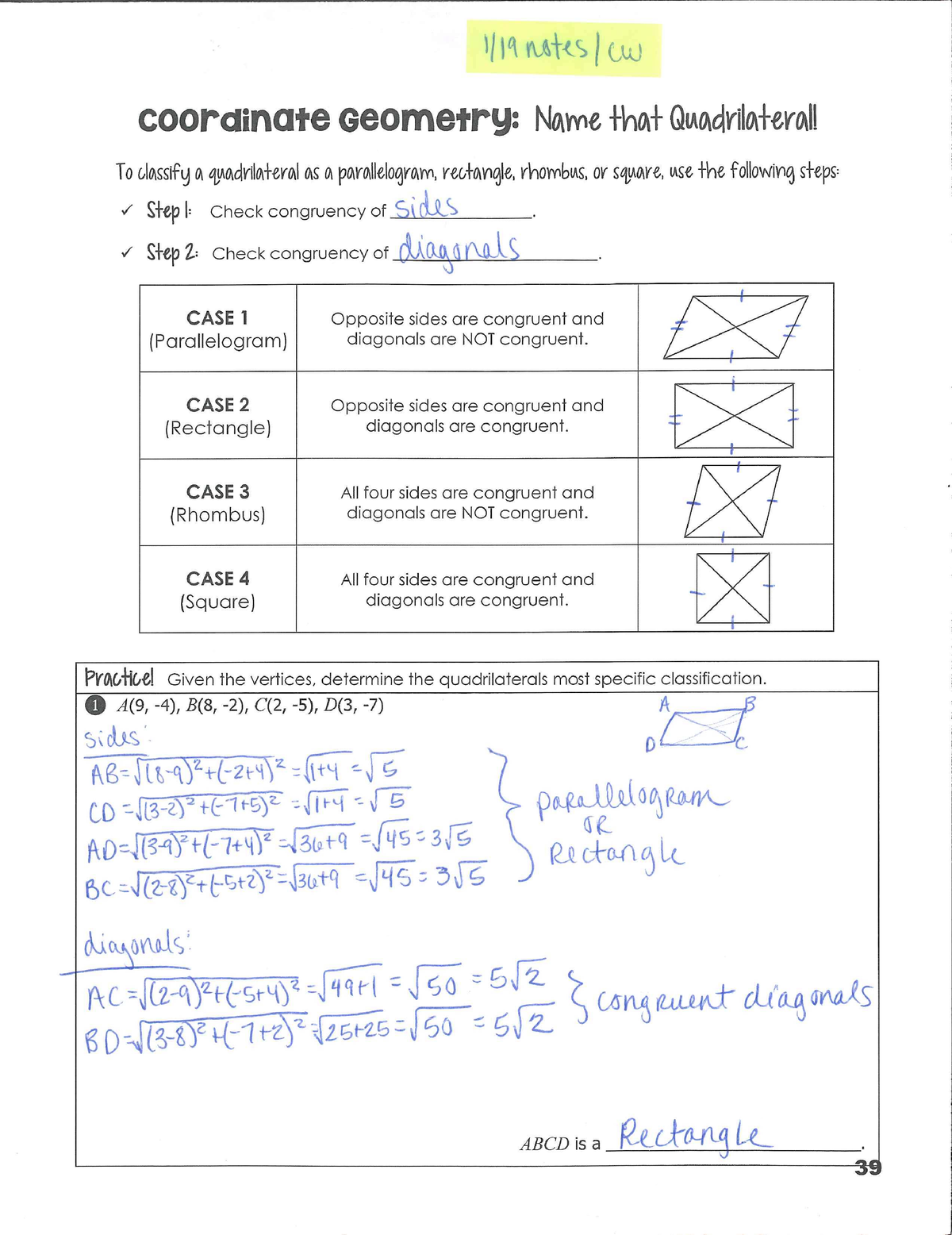 high school co-ordinate geometry with a quadrilateral and two