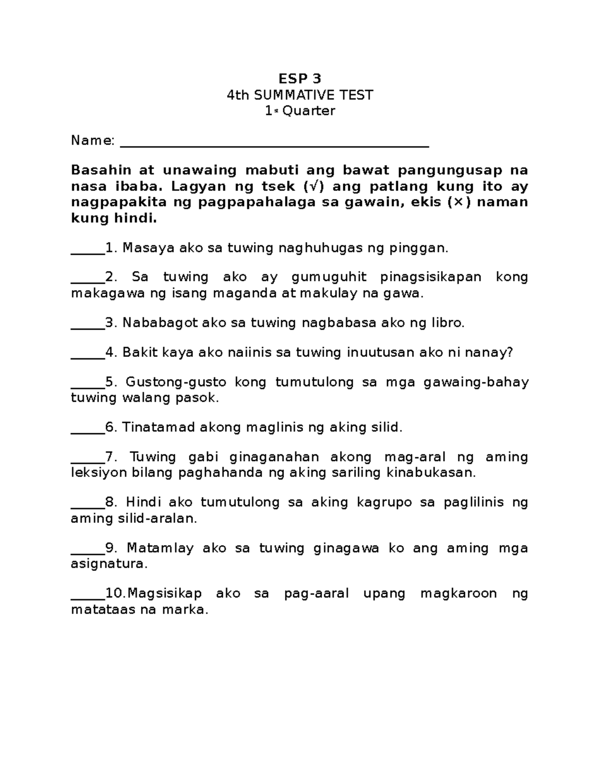 Summative Test ESP3 - Filipino Test - ESP 3 4th SUMMATIVE TEST 1 St ...