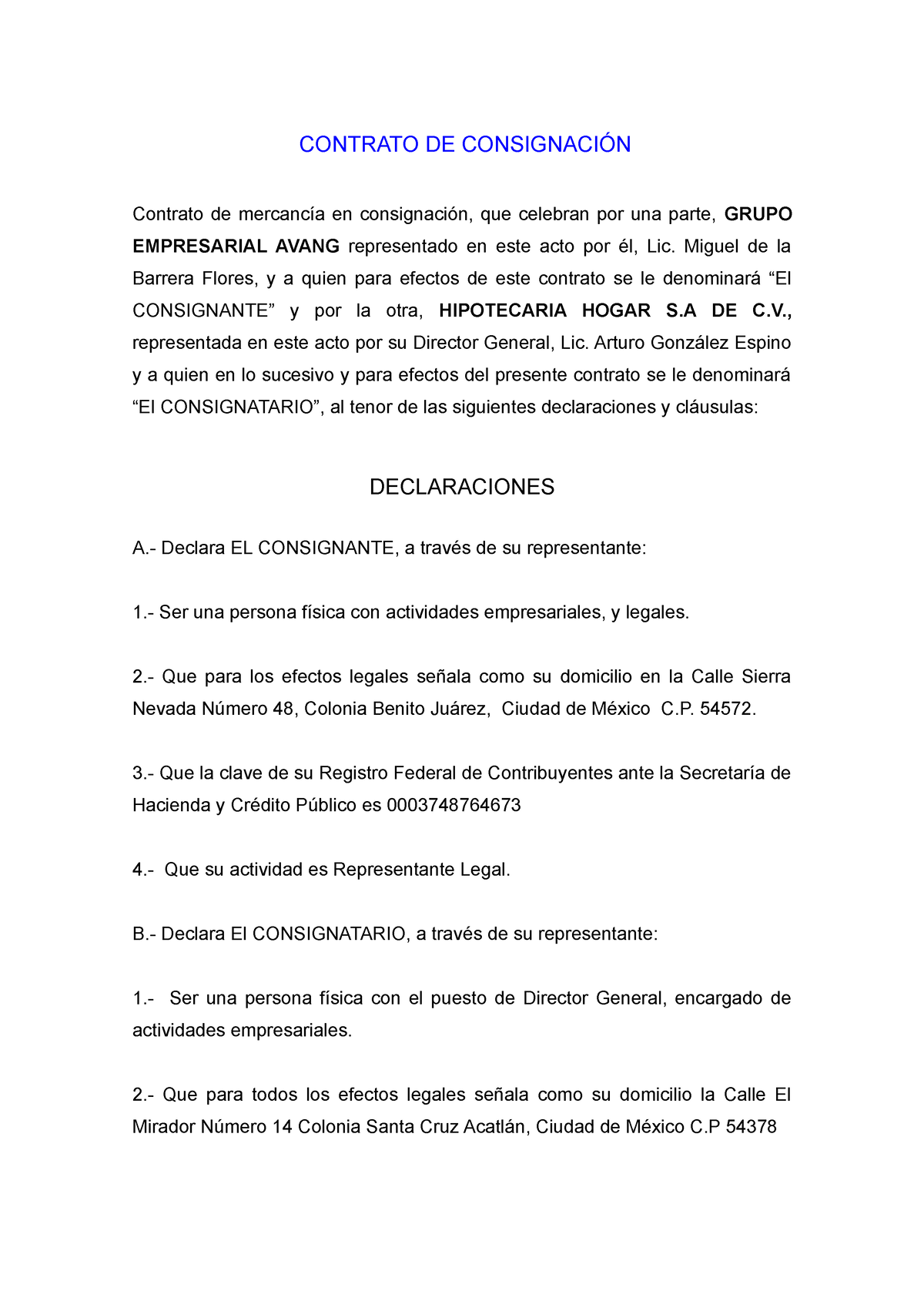 Contrato De Consignacion Contrato De ConsignaciÓn Contrato De Mercancía En Consignación Que 5517