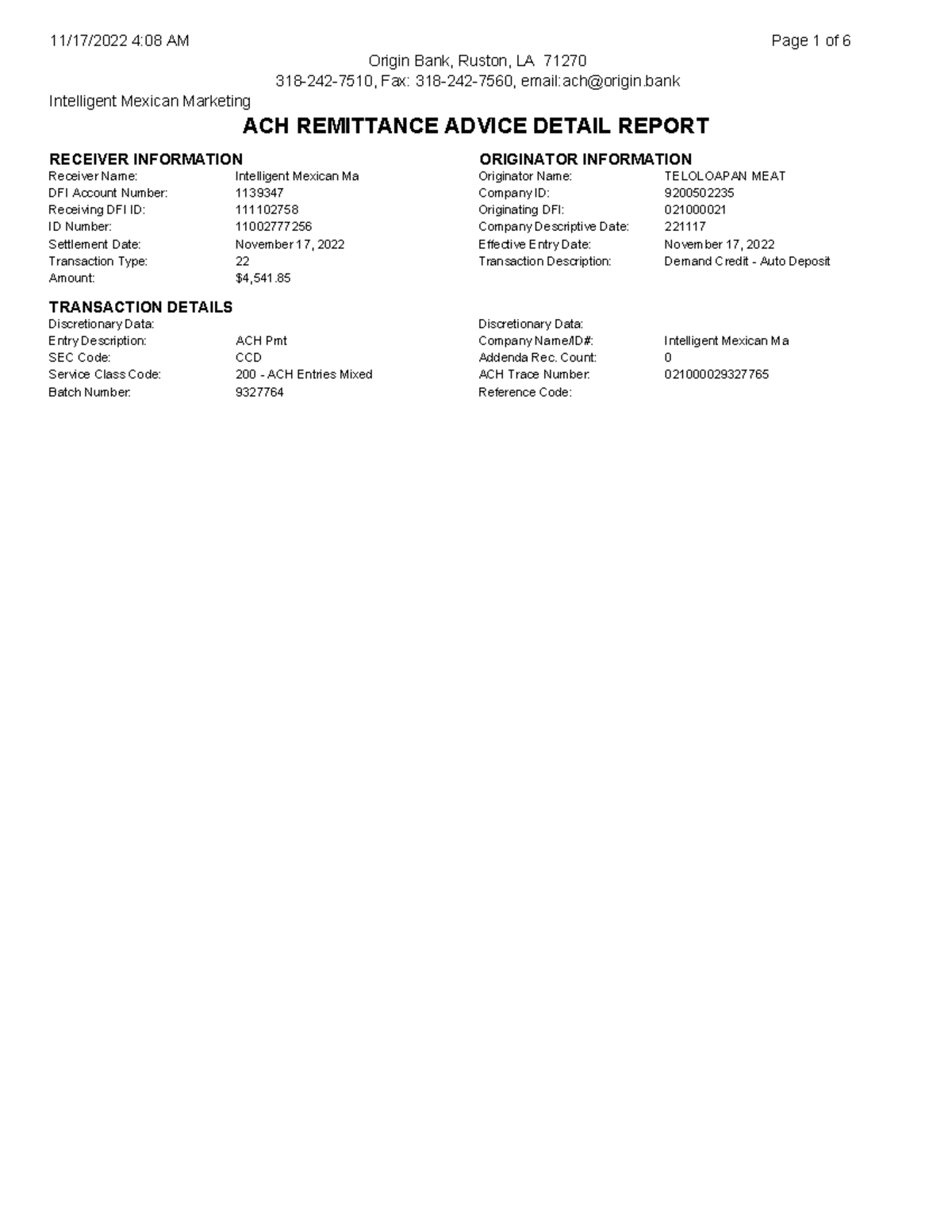 Intelligent Mexican Marketing RAD ACH Remittance Advice Detail Report ...