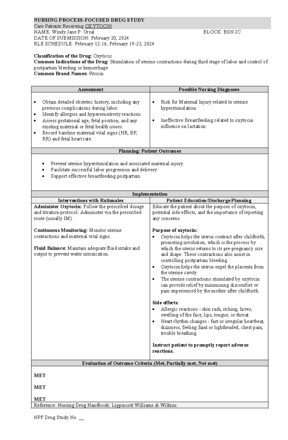 Oxytocin DRUG Study - NURSING PROCESS-FOCUSED DRUG STUDY Care Patients ...