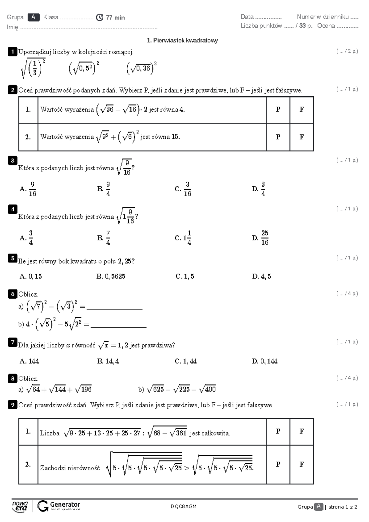 Sprawdzian Matematyka Pierwiastek Z 4 Nie Jest