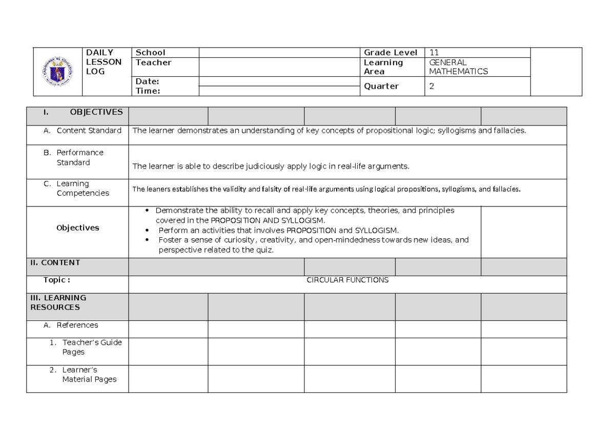 Precal - mmamaamamam - DAILY LESSON LOG School Grade Level 11 Teacher ...
