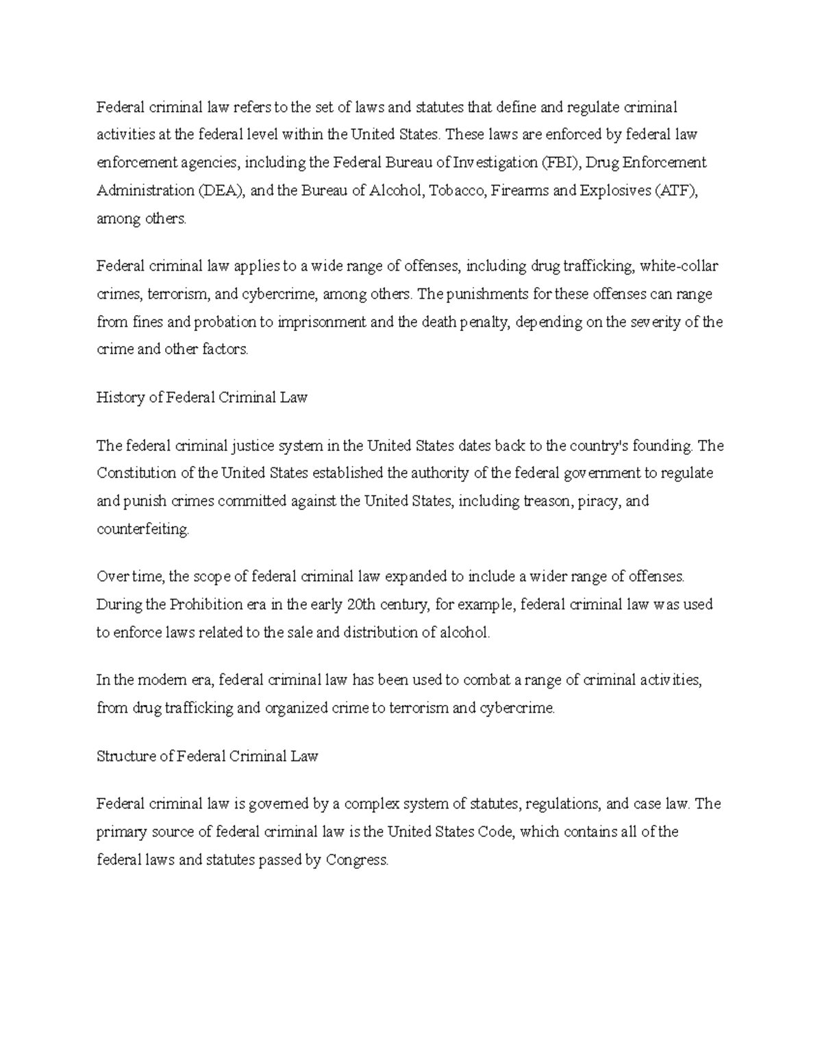 Intro to Federal Criminal Law notes Federal criminal law refers to