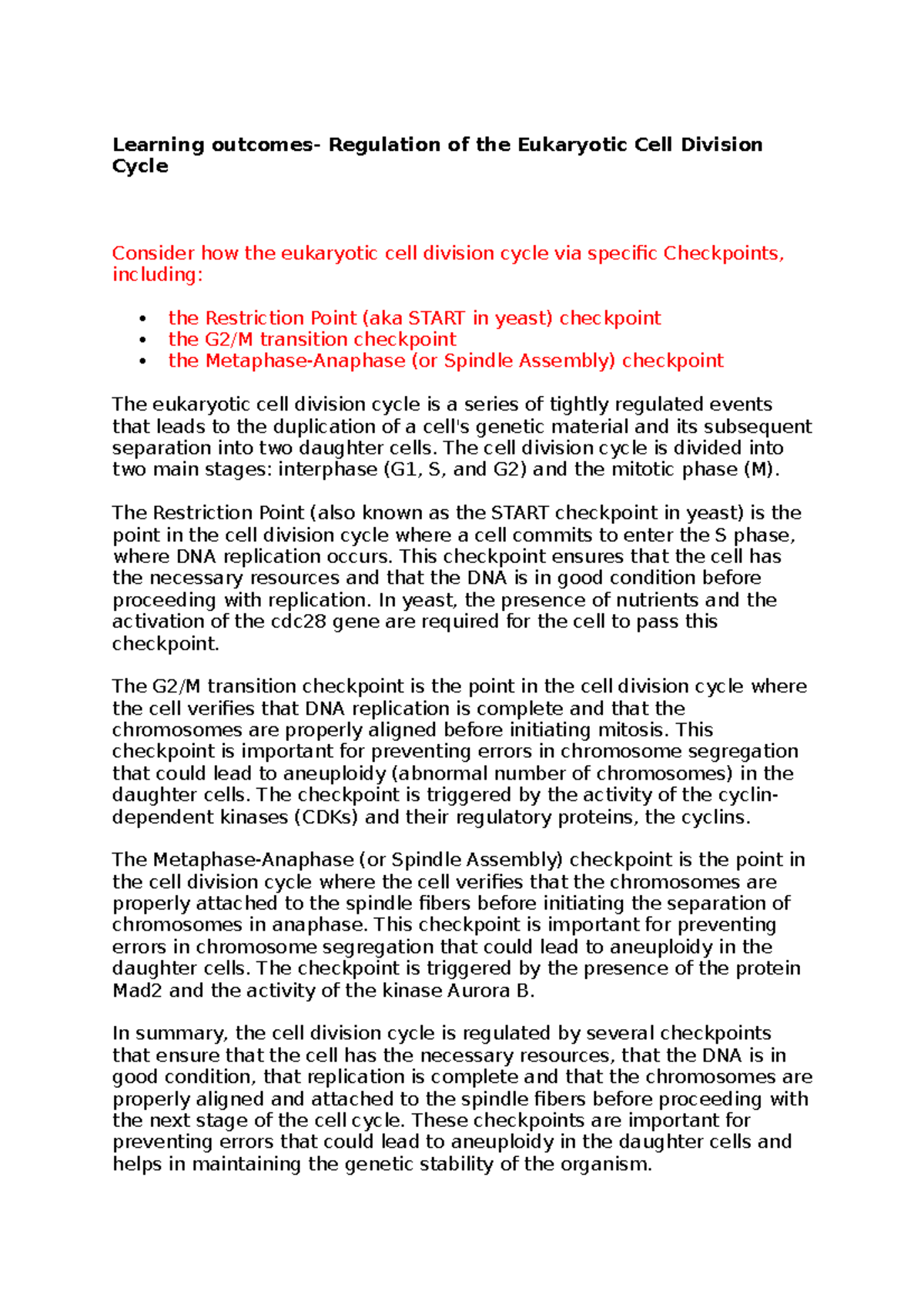 - Regulation of the Eukaryotic Cell Division Cycle - Learning outcomes ...