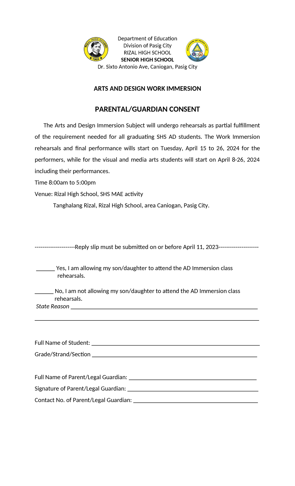 AD Parental Consent 2023 24 - Department of Education Division of Pasig ...
