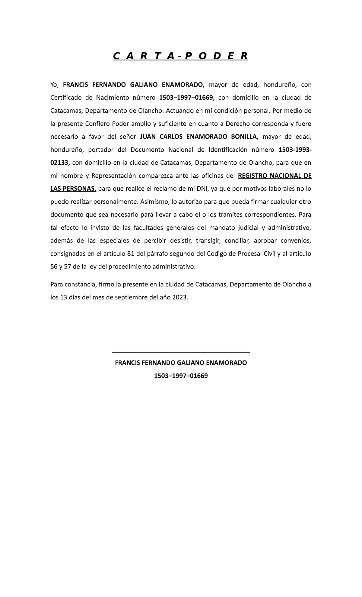 Carta Poder 1 - civil - C A R T A - P O D E R Yo, FRANCIS FERNANDO ...